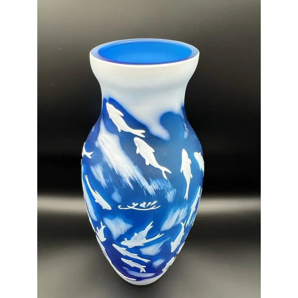Emile Galle Reproduction Blue Cameo Glass Vase with White Fish 14” Coastal Decor